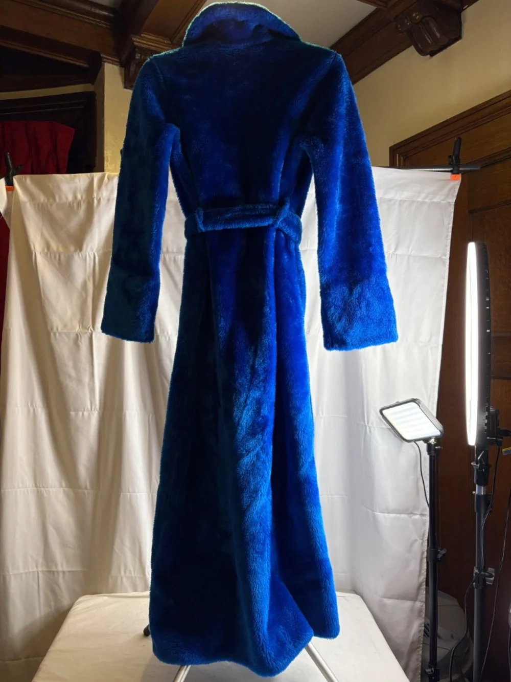 Vtg Robe Furry Fluffy Plush Blue Belted Long Robe/Coat Small Inside/Outside Tie - Picture 2 of 5